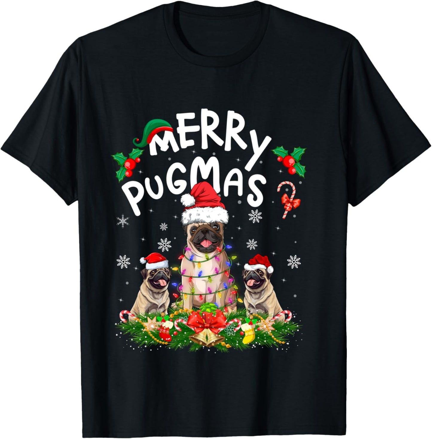Merry Pugmas Xmas Lighting Santa Pug Dog Christmas T-Shirt - T-Shirt | Black
