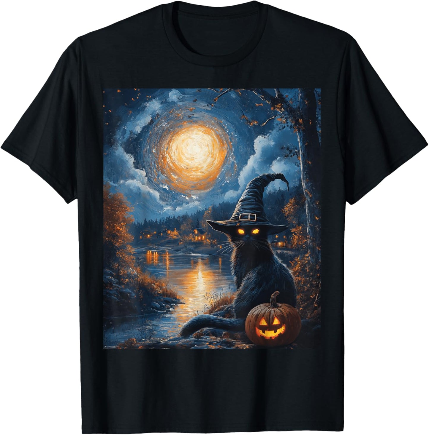 Halloween Van Gogh Starry Night Black Cat Pumpkin Spooky T-Shirt - T-Shirt | Black