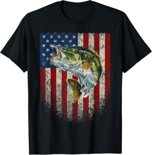 American Flag Bass Fishing Gift Fish On USA Patriotic T-Shirt - T-Shirt | Black