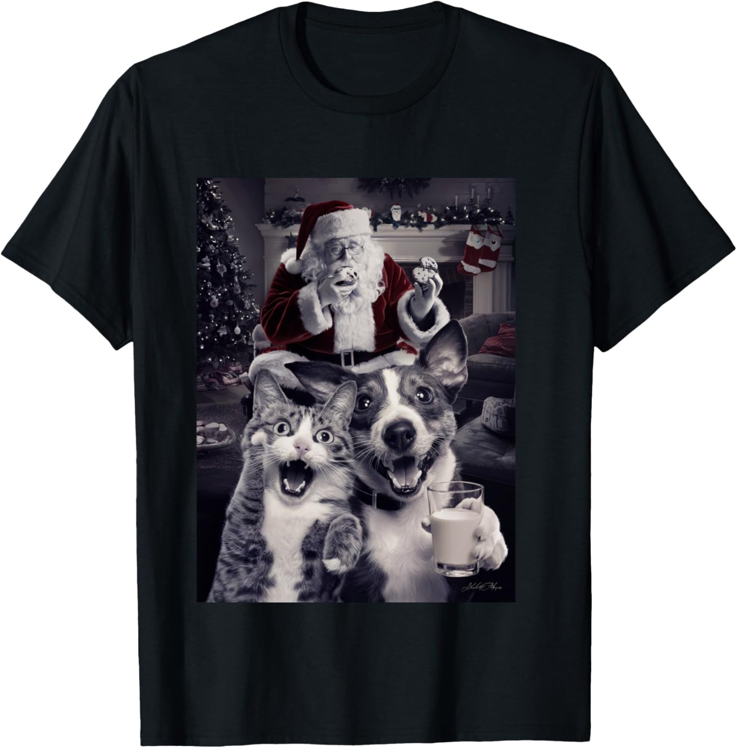 Funny Dog and Cat Selfie With Santa Christmas T-Shirt - T-Shirt | Black