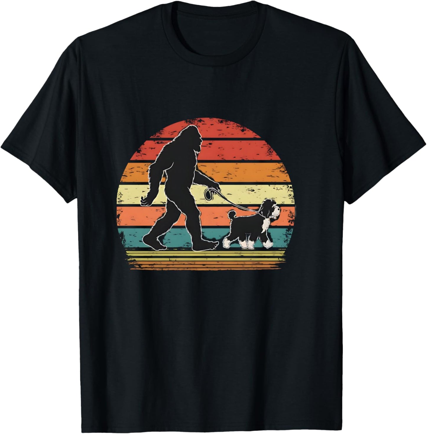 Bigfoot Walking a Dog Funny Bernedoodle Dog Dad T-Shirt - T-Shirt | Black