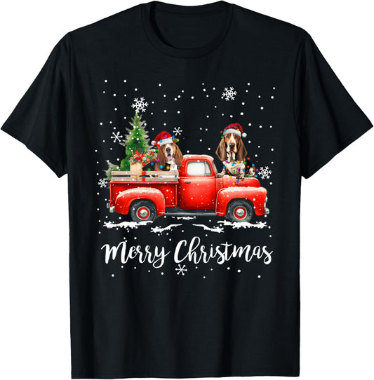 Basset Hound Red Truck Christmas Santa Hat Xmas Dog Lover T-Shirt - T-Shirt | Black
