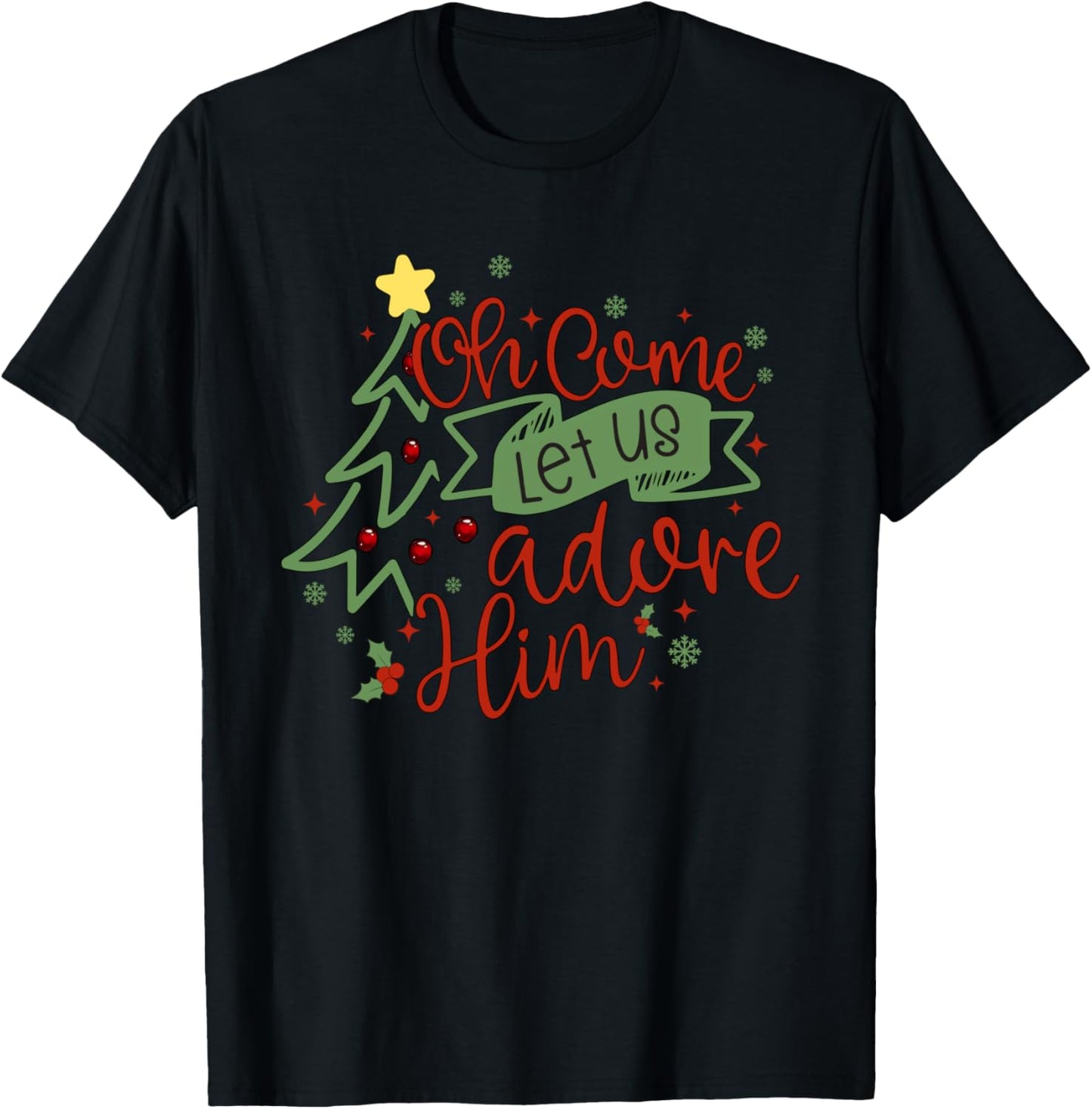 Oh Come Let Us Adore Him Religious Christmas Tree Christian T-Shirt - T-Shirt | Black