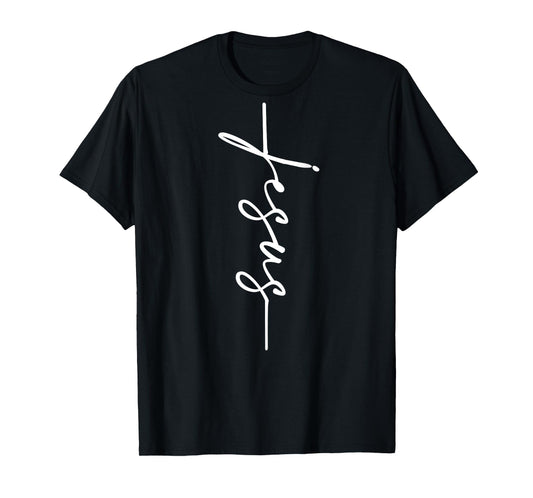 Jesus Cursive Writing Cross Jesus Vertical Cross ART ON BACK T-Shirt