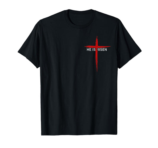 He Is Risen Pocket Christian Logo Jesus Religious Cross T-Shirt