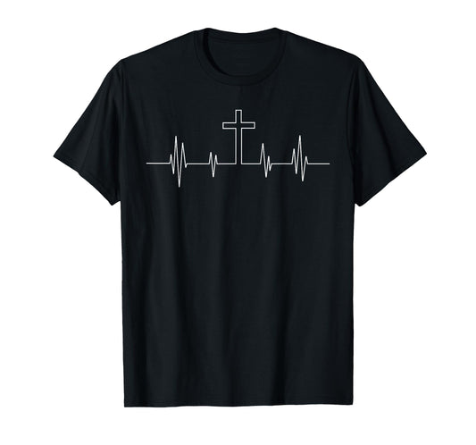 Cool Christian Cross Heartbeat Gifts For Religious Men Women T-Shirt
