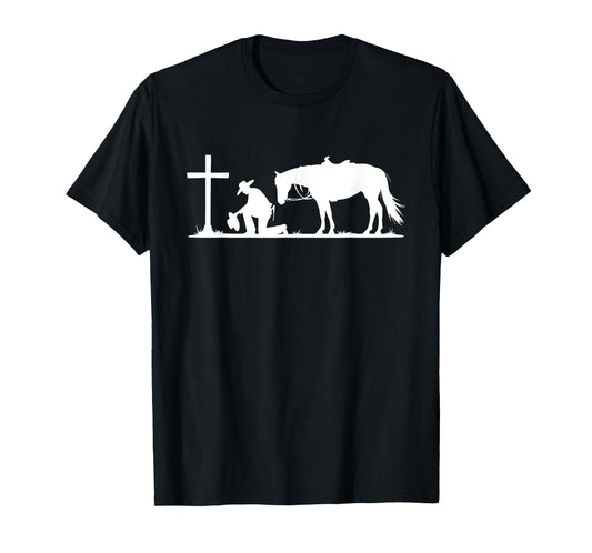 Praying Cowboy Kneeling Cross Western Bible Jesus Horse T-Shirt