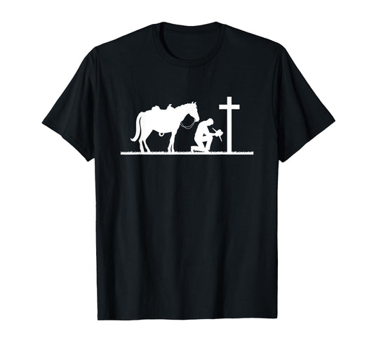 Praying Cowboy Kneeling Cross Western Bible Jesus Horse T-Shirt