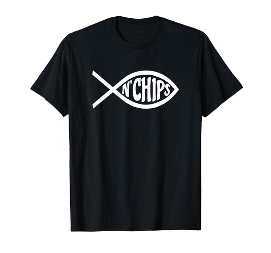 BTV Tees Men's Fish N'Chips Jesus Fish T-Shirt - Black, Small