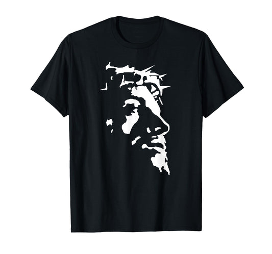 Funny Jesus Christ Face With Crown Of Thorns Passion Stencil T-Shirt