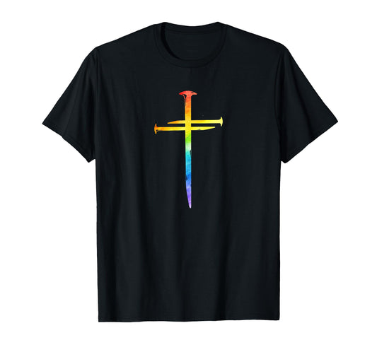 Christian Jesus Nail Cross Rainbow Bible Religious Gay Pride T-Shirt