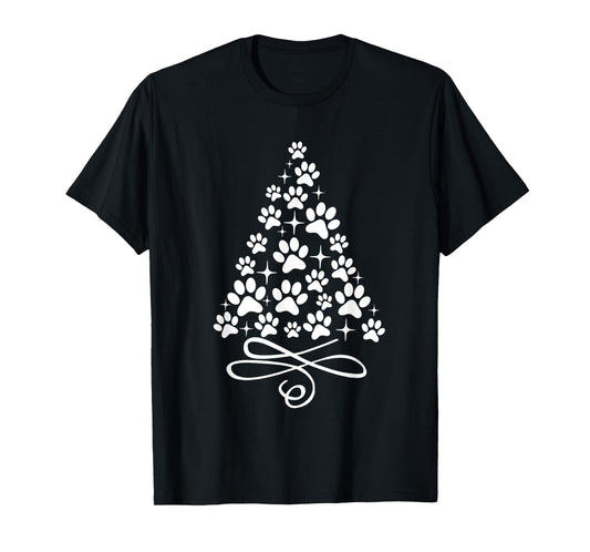 Dog Cat Paw Print on Christmas Tree T-Shirt for Men Women Kids