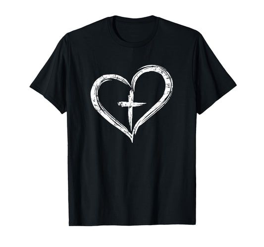 Stylish Cross In Heart Christian T-Shirt T-Shirt