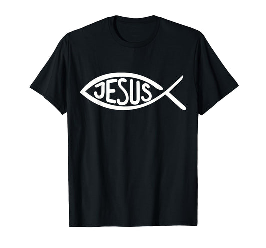 Jesus Gifts Jesus Fish T-Shirt, Kids, Unisex-Adults, Short Sleeve, Black, Small
