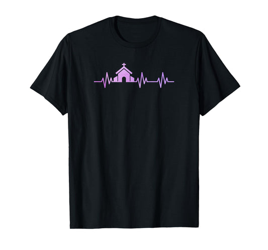 Church Heart Love EKG Heart Pulse Christian Pastor Life T-Shirt