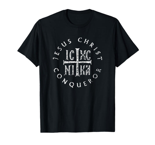 Orthodox Christian IC XC NIKA Cross Christogram T-Shirt - Unisex Adult Black Small Crew Neck Short Sleeve Christian Easter T-Shirt