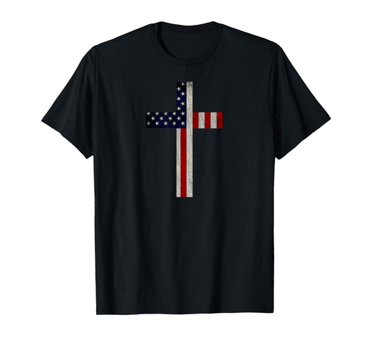 Vintage American Flag Christian Cross USA Patriotic Gift T-Shirt for Women Men
