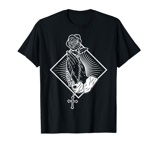 Praying hands with rose and rosary T-Shirt