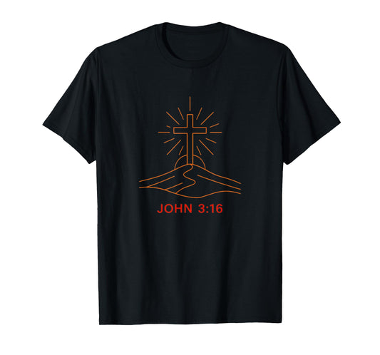 Christian Cross John 3:16 Scripture Glowing Cross at Sunrise T-Shirt