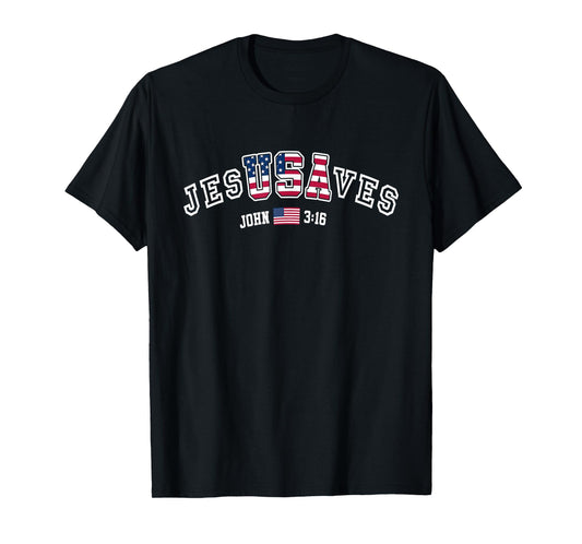 JesusSaves JesUSAves USA American Flag Patriotic Christian T-Shirt