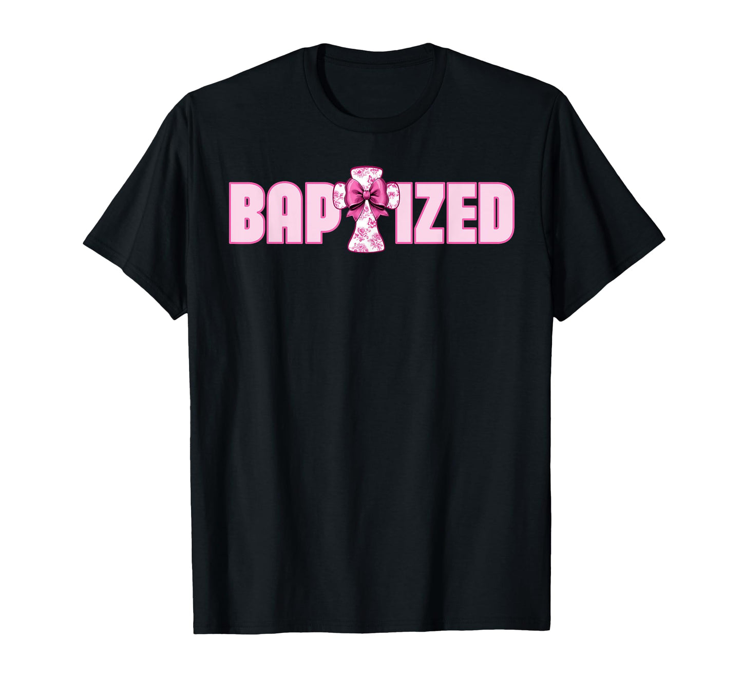 Baptized Pink Toile Cross And Coquette Bow For Baptism T-Shirt