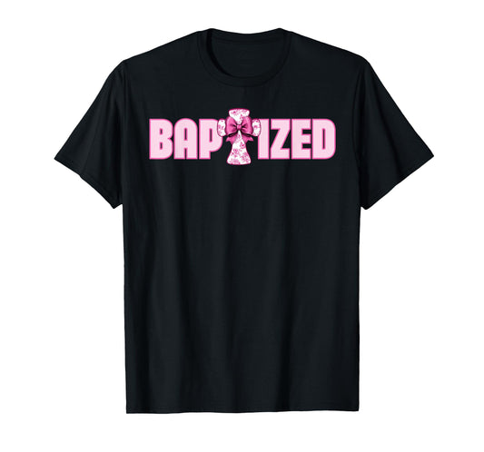 Baptized Pink Toile Cross And Coquette Bow For Baptism T-Shirt