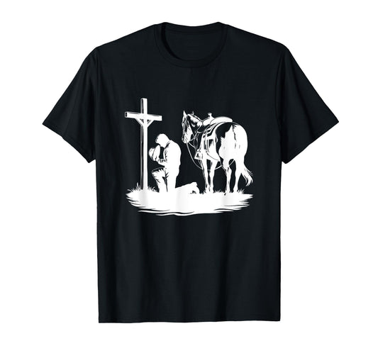 Praying Cowboy Kneeling Cross Western Bible Jesus Horse T-Shirt