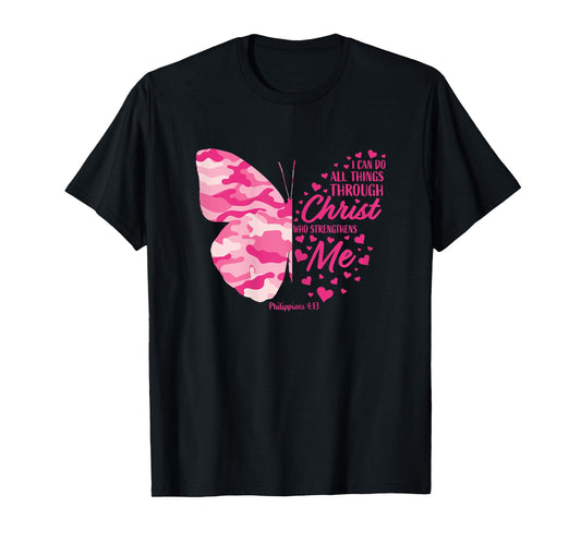 Cute Pink Camo Gifts Women Girls Christian Butterfly Graphic T-Shirt
