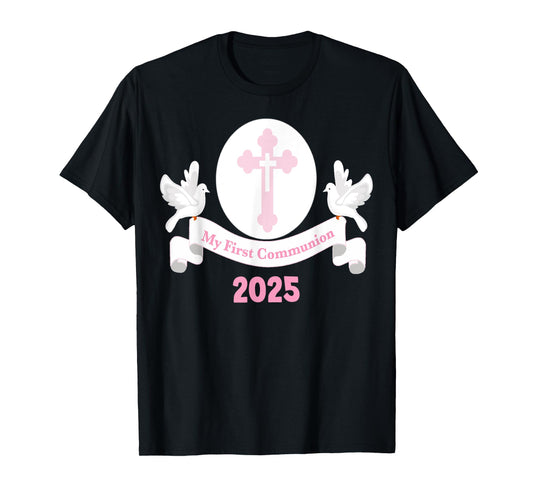 First Communion 2025 Girls Cross Pink Daughter Niece Kids T-Shirt