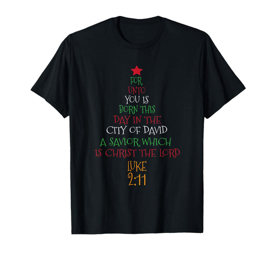 Unto You A Savior Is Born Cute Christian Christmas Tree T-Shirt