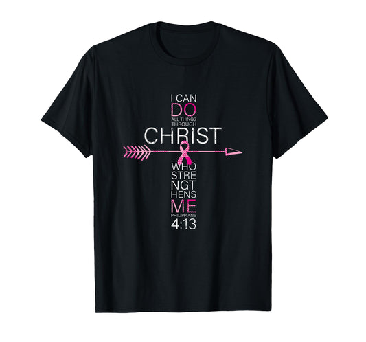 Pink Christian Breast Cancer Cross Religious Bible Verse T-Shirt