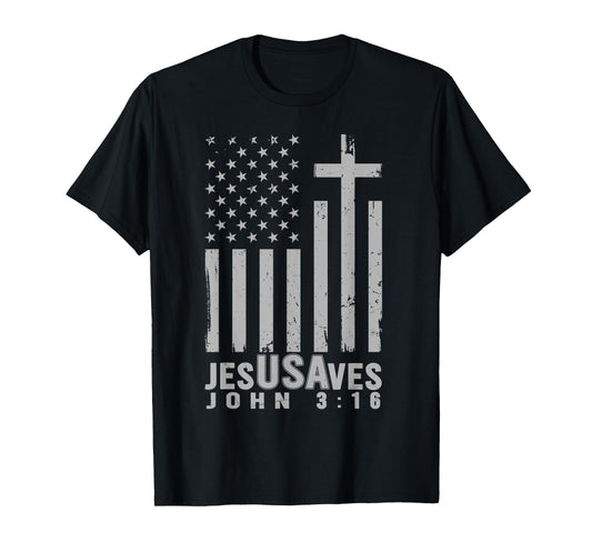 Jesus Saves USA American Flag Patriotic Christian Religious T-Shirt