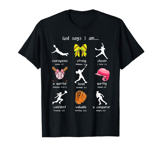 Bows God Say I Am Christian Softball Girls Bible Verse Jesus T-Shirt