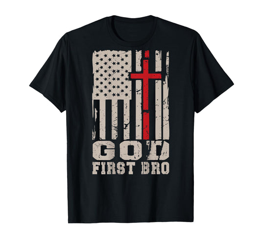 Men's God First Bro Christian Faith Cross On Back Graphic T-Shirt