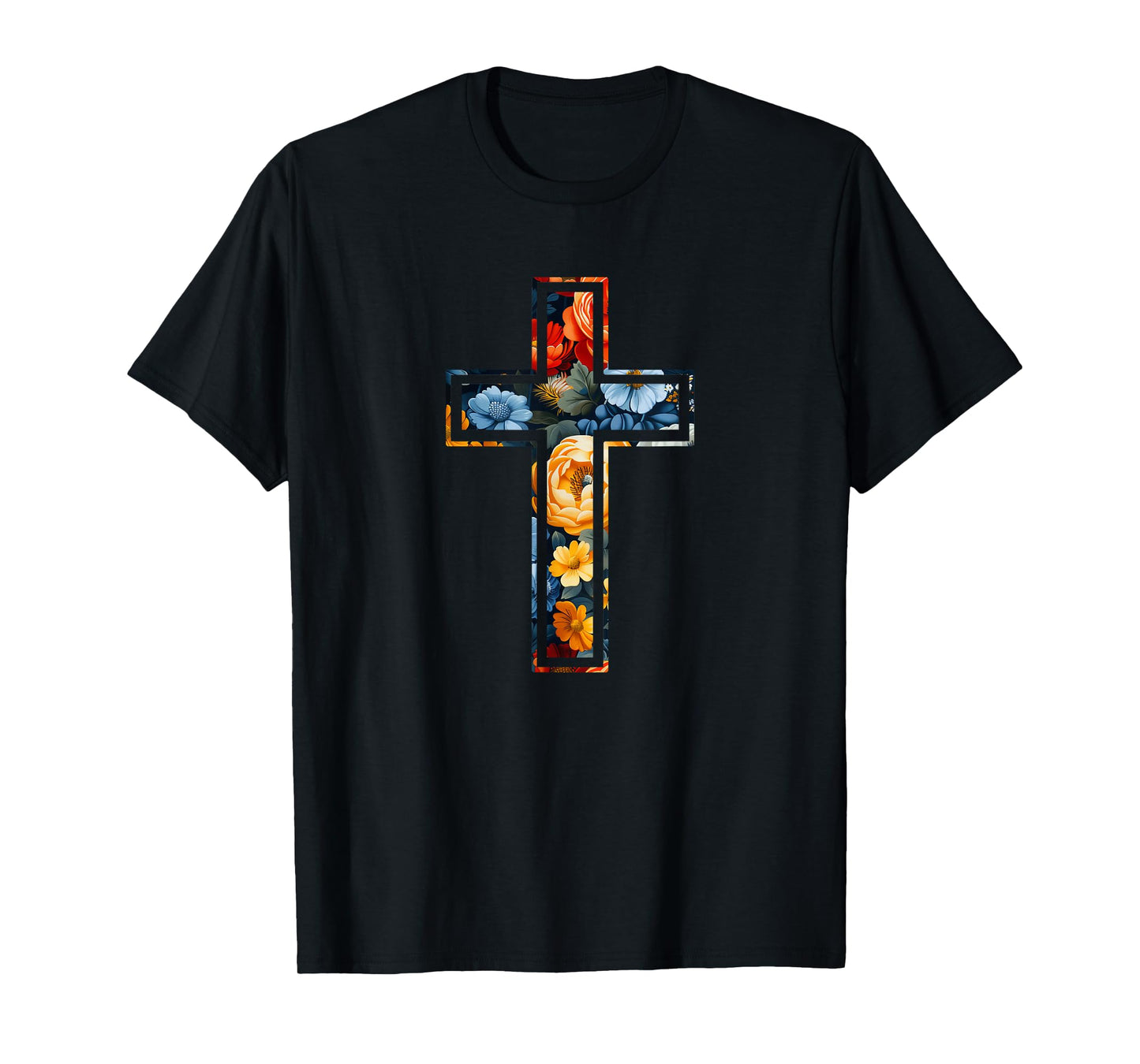 Elegant Silhouette Flowers Faith Floral Christian Cross T-Shirt