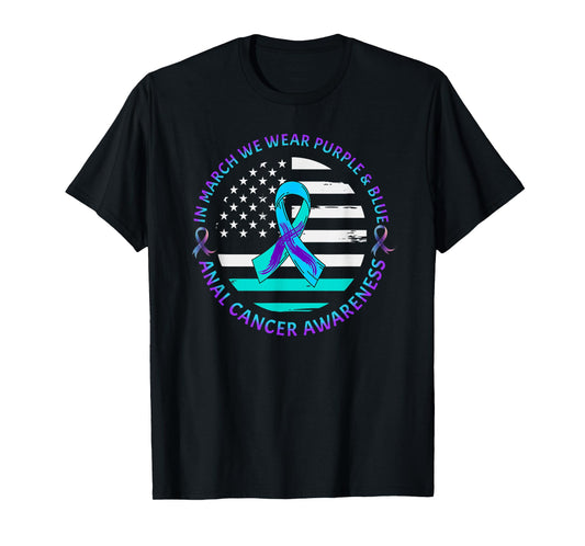 Anal Cancer March We Wear Green/Purple Ribbon American Flag T-Shirt