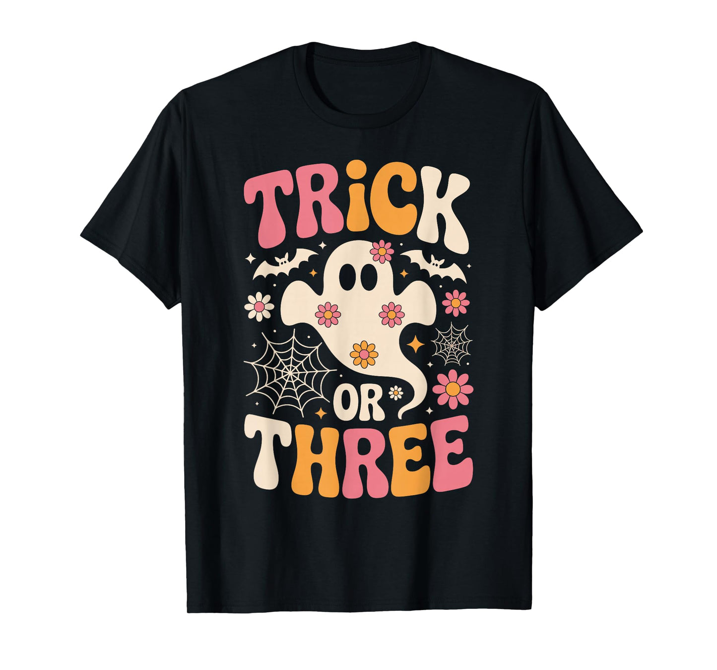 Trick Or Three 3 Years Old Birthday Groovy Ghost Halloween T-Shirt