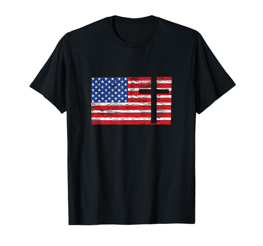 USA American Flag Patriotic Red White Blue Christian Cross T-Shirt