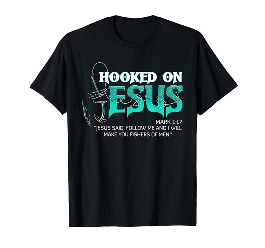 Funny Hooked On Jesus Tee Shirt - Men's Black Fishing T-Shirt - Short Sleeve - Unisex - Small