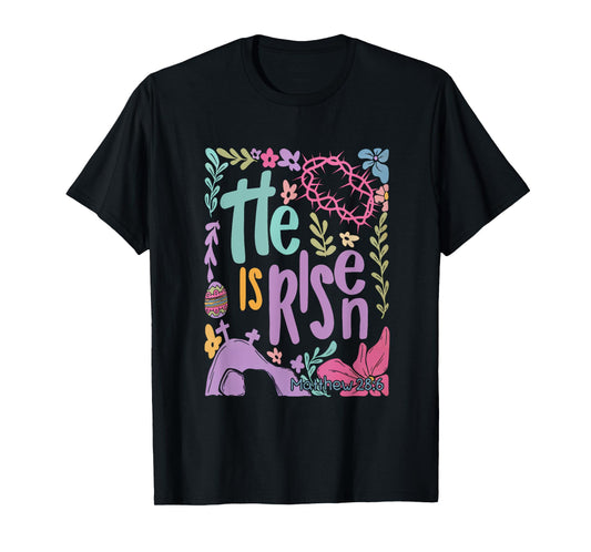 Retro Boho Floral He Is Risen Matthew 28:6 Easter Bible T-Shirt