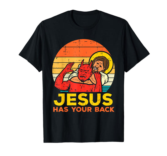 Jesus Has Your Back - Retro Sunset Jesus Wrestling Devil T-Shirt