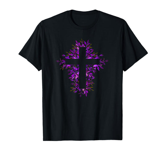 Purple Blue Floral Spring Fall Cross Christian Faith Lover T-Shirt