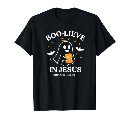 Boo-Lieve in Jesus Christian Halloween Ghost Bible Design T-Shirt