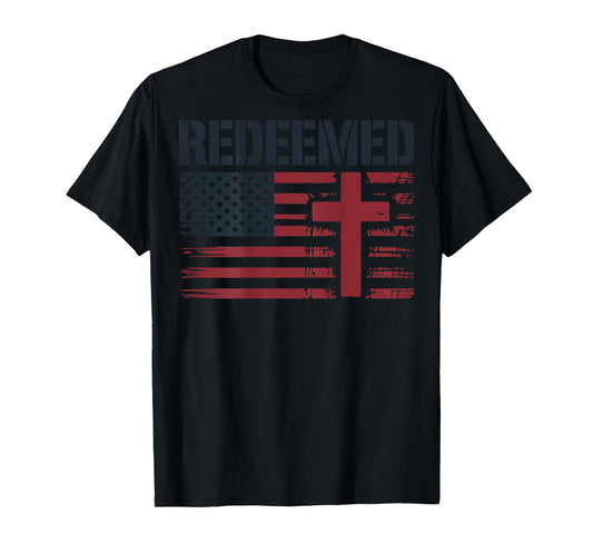Men's Redeemed American Flag Christian Patriotic Cross Faith T-Shirt