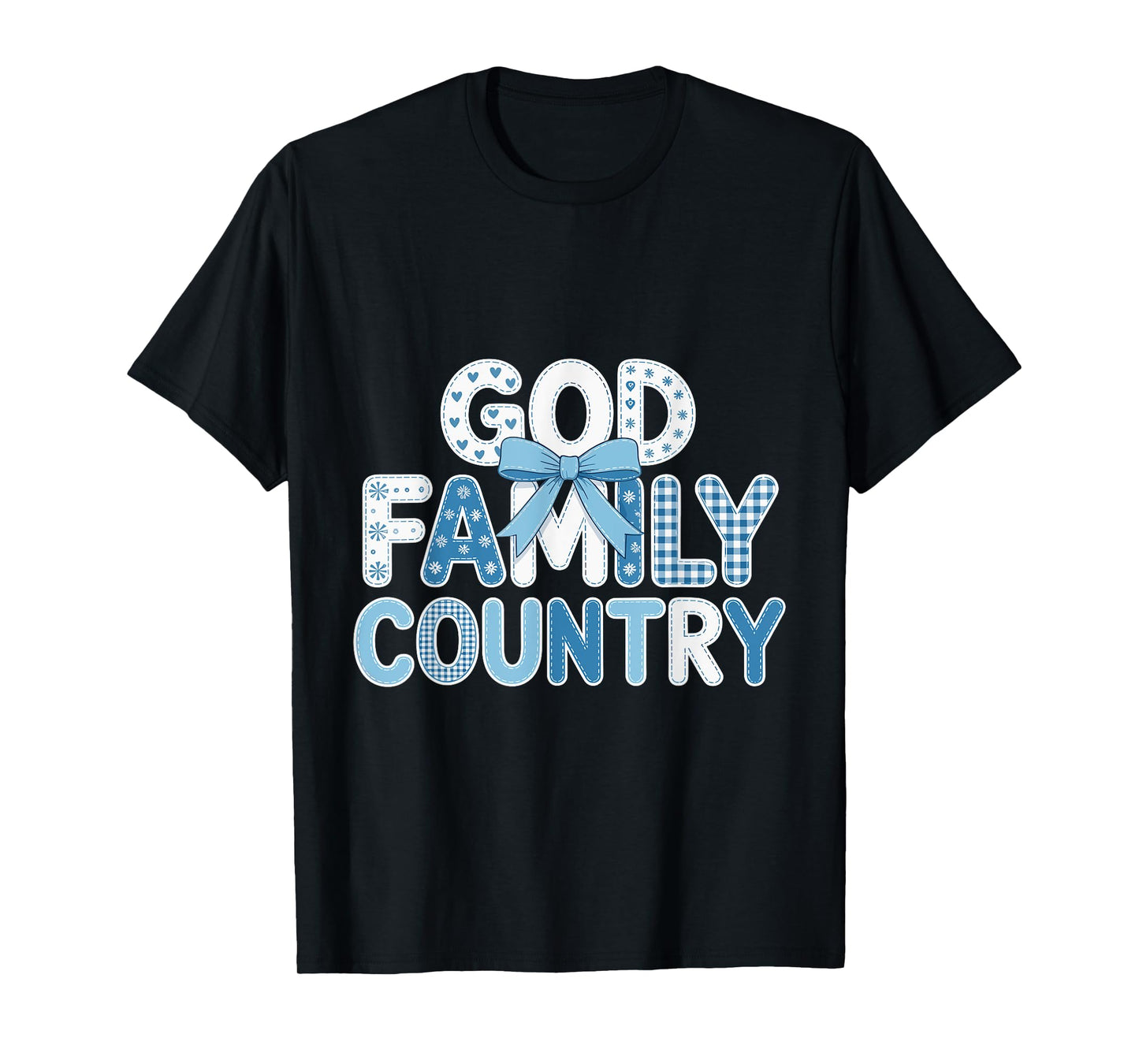 God Family Country - Patriotic Coquette Toile Blue Bow T-Shirt
