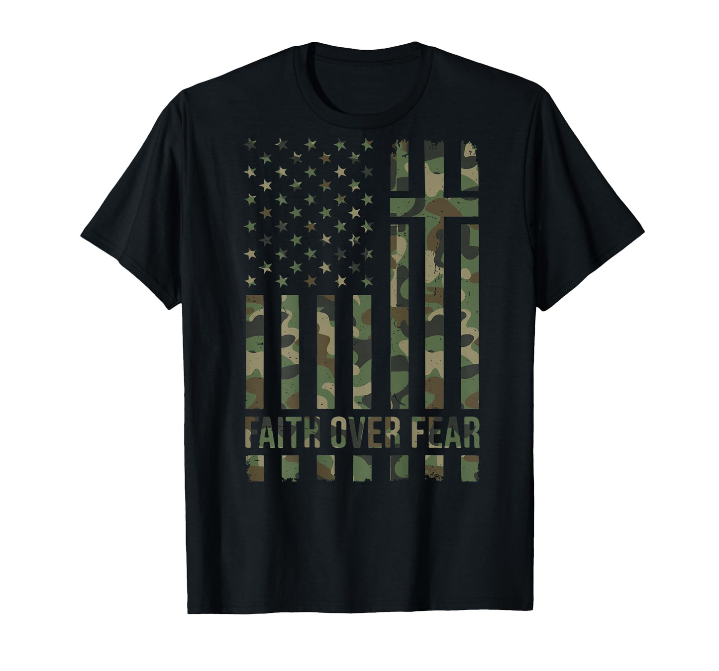Men's Camo American Flag Faith Over Fear Christian Patriotic T-Shirt