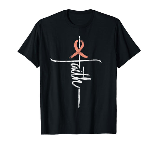 Faith Uterine Cancer Awareness Christian Ribbon Peach Cross T-Shirt