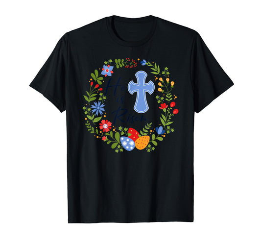 Floral Wreath He is Risen Jesus Christian Happy Easter T-Shirt