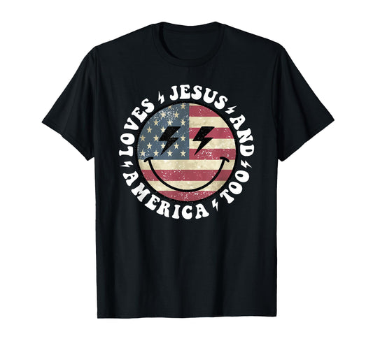 Loves Jesus and America Too God Christian 4th of July retro T-Shirt