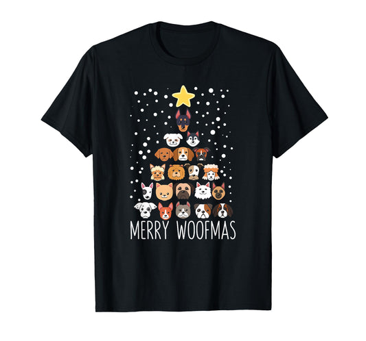 Woof Christmas Tree Dog Lovers Puppies Dogs Merry Woofmas T-Shirt for Men Women Kids